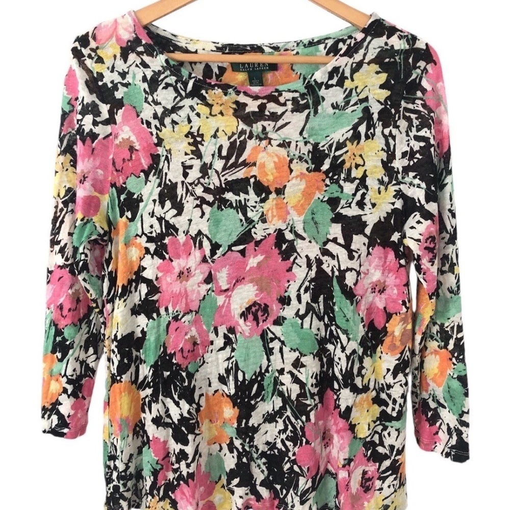 Lauren Ralph Lauren 100% Linen Top Womens Sz PLColorful Floral Long Sleeve Artsy